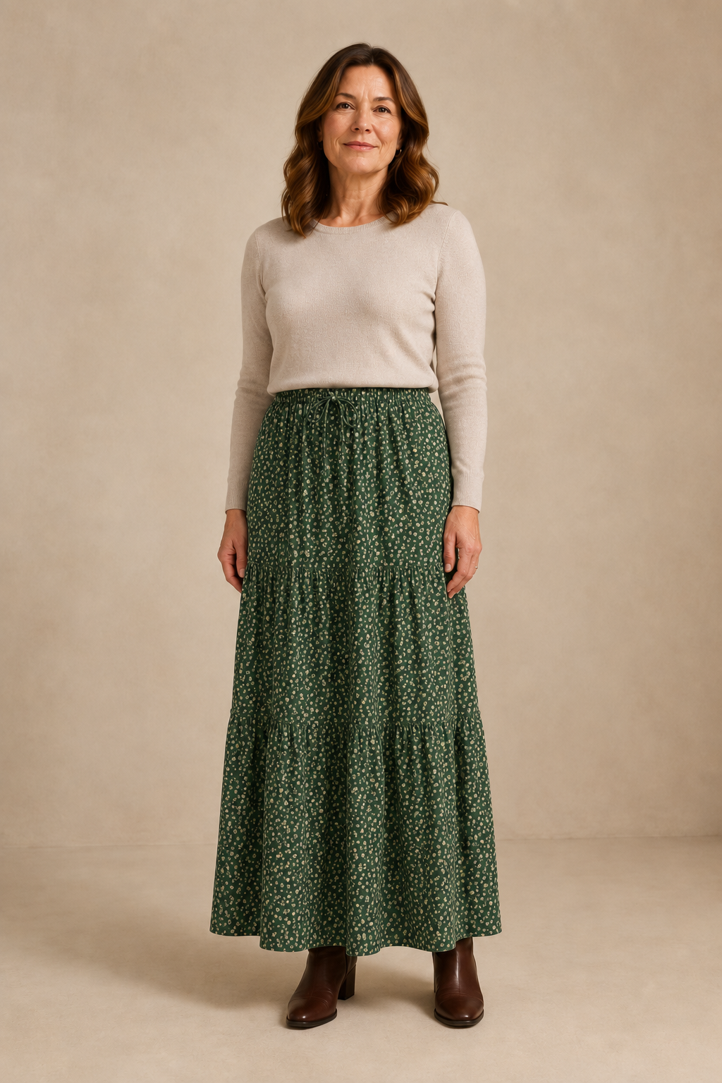 Vivian | 100% Cotton Drawstring Maxi Skirt - Green