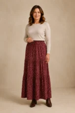 Vivian | 100% Cotton Drawstring Maxi Skirt - Maroon