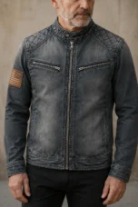 Washed Denim Zip Collar Jacket - close-up