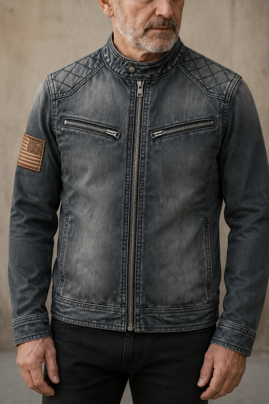 Washed Denim Zip Collar Jacket - close-up