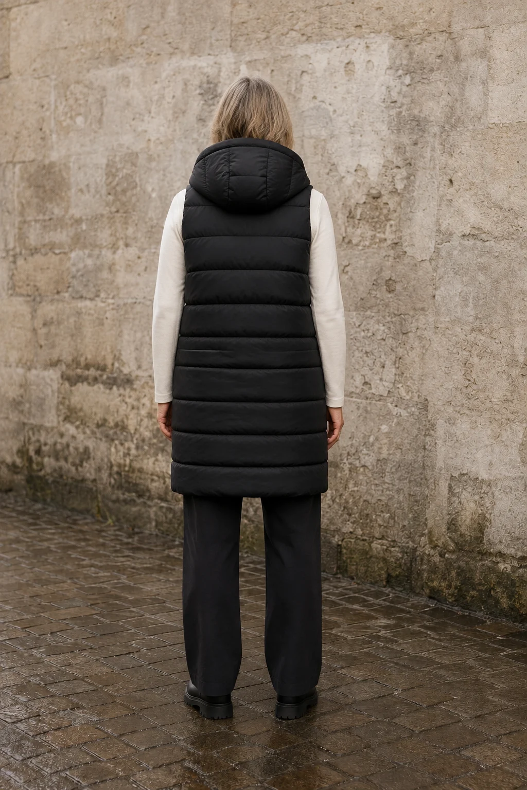 Wilhelmina | Quilted Longline Hooded Vest - Black