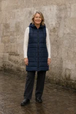 Wilhelmina Quilted Longline Hooded Vest Navy Blue front