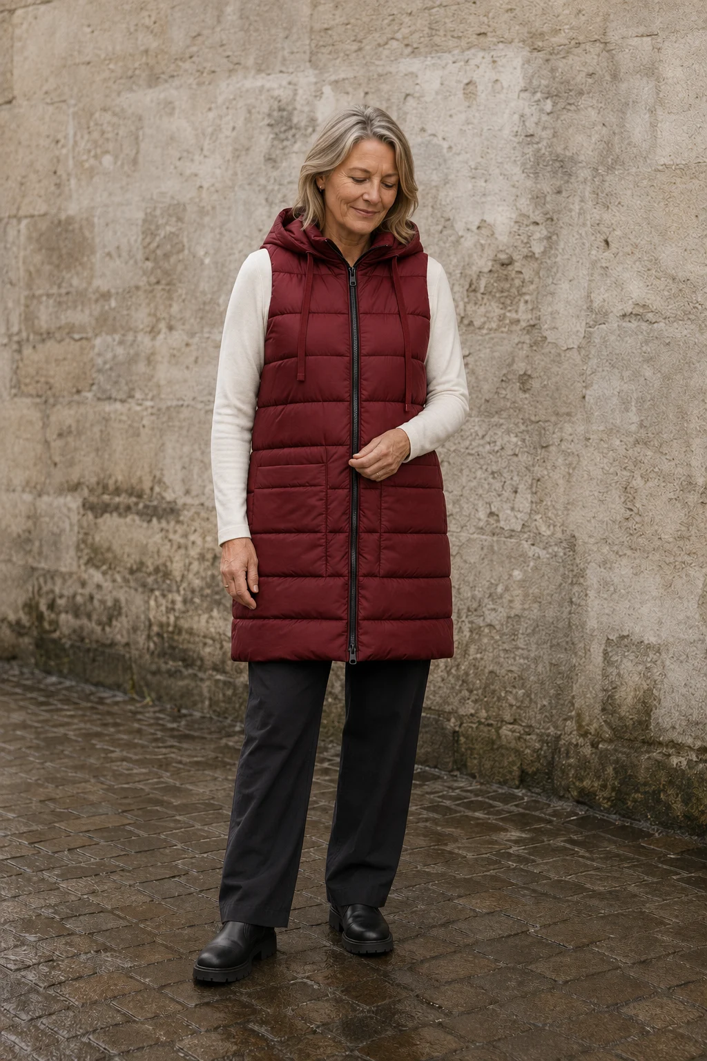 Wilhelmina | Quilted Longline Hooded Vest - Red