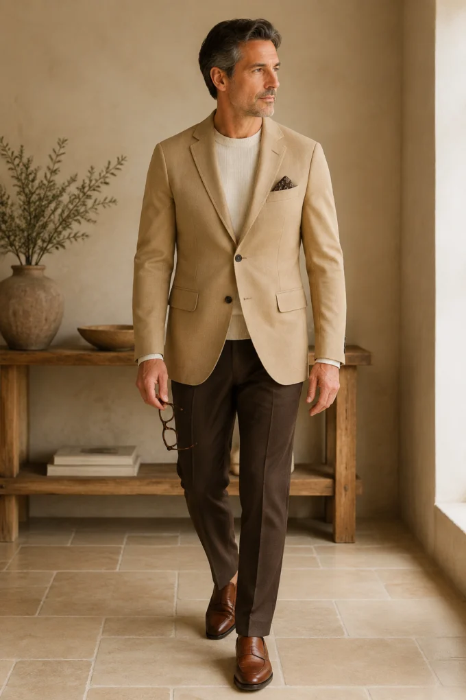 Khaki cotton wool tailored blazer full-length front