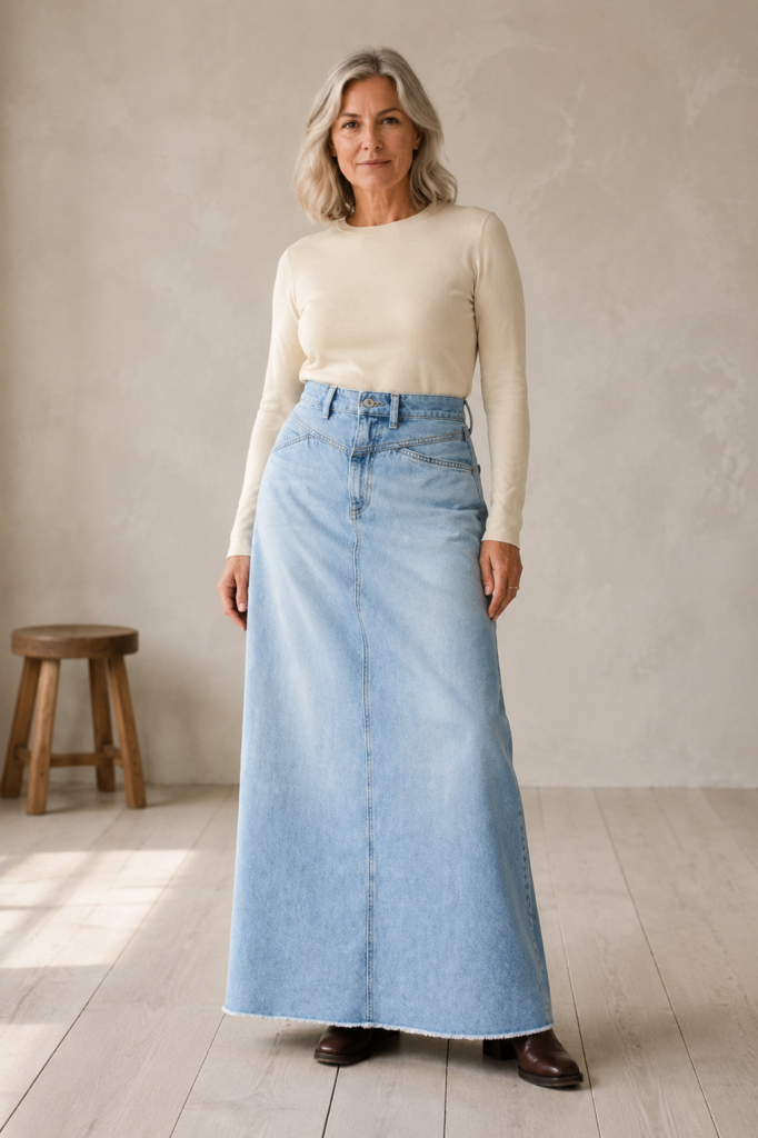 Winnie | Stretch Denim A-Line Maxi Skirt - Blue