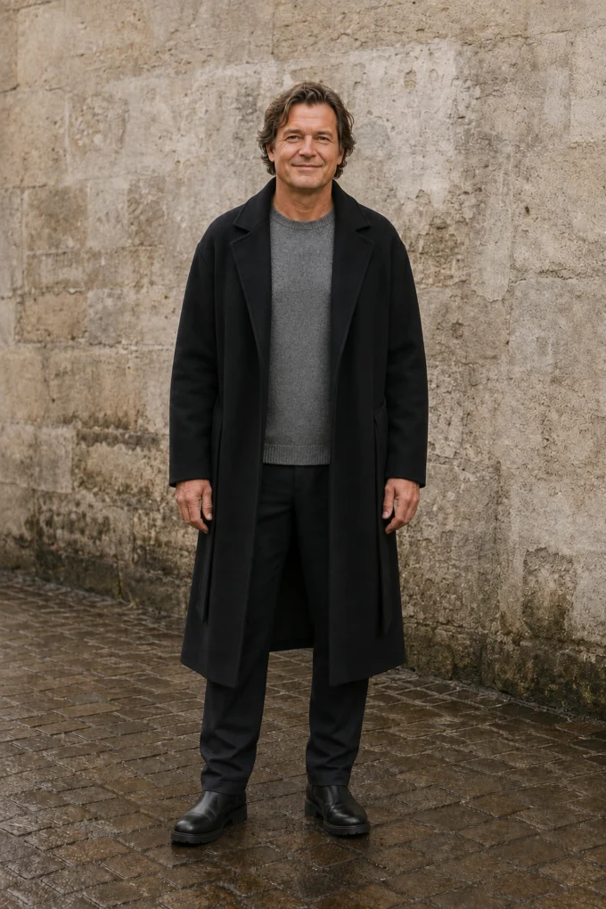 Men's Wool Blend Belted Wrap Coat - hero open
