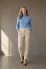 White Wool Blend Tapered Ankle Trousers on a mature woman against a charcoal taupe wall