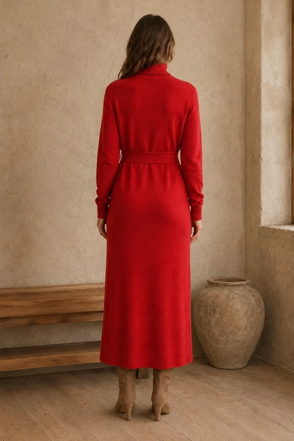 Wool Knit High Neck Dress back view