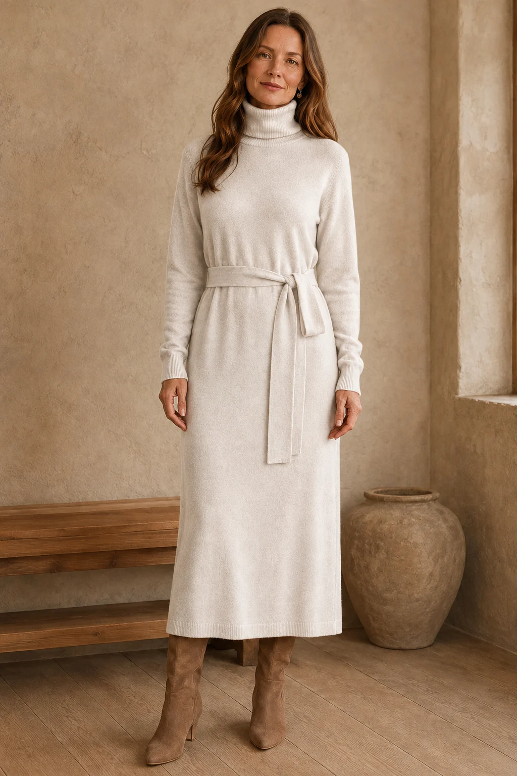 Wool Knit High Neck Dress - Beige