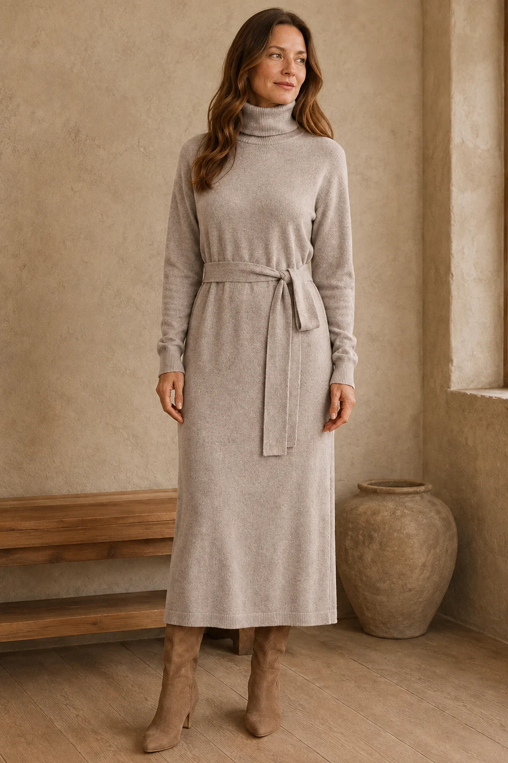 Wool Knit High Neck Dress - Camel