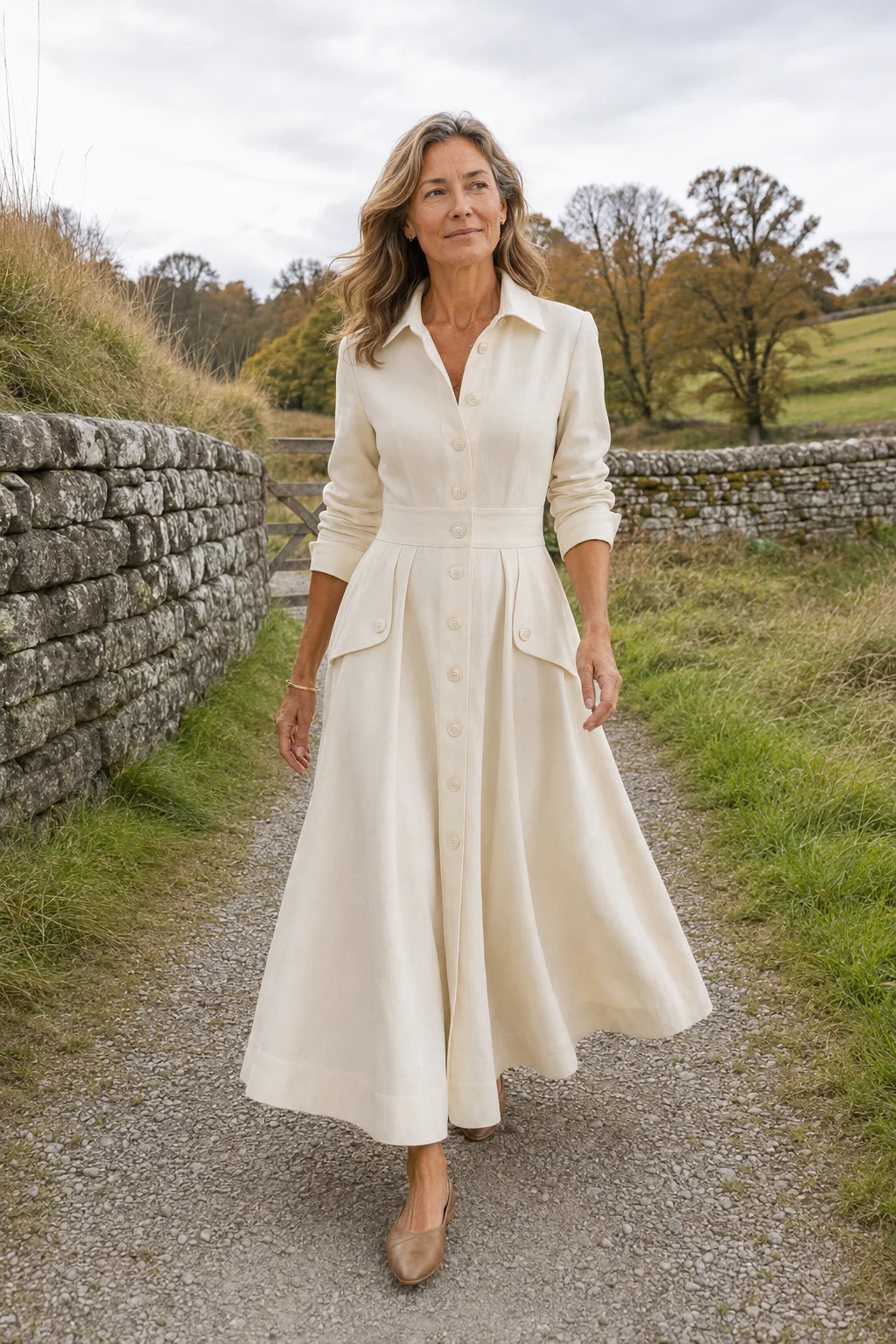 Zélia | Pleated Button Front Maxi Dress - White lifestyle