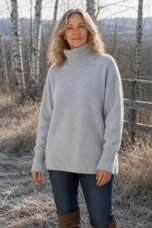 Zelina grey high neck merino pullover editorial photograph